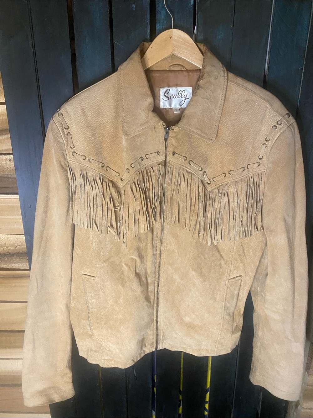 Scully Tan Suede Fringe Leather Jacket size medium zip up spots of discoloration